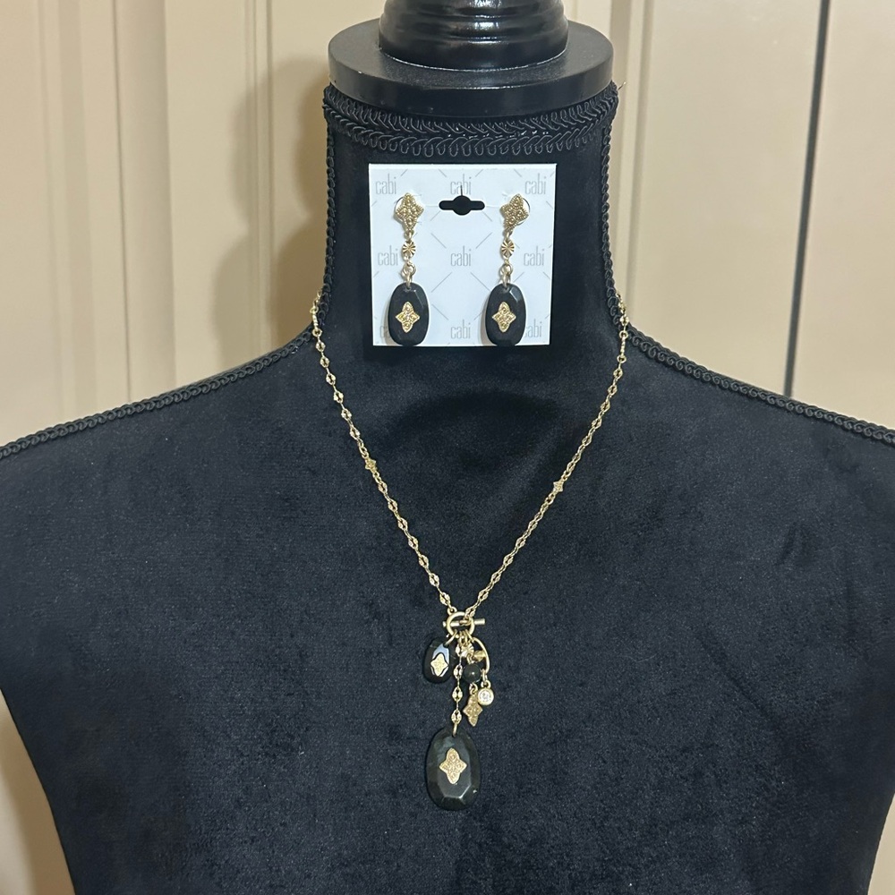CAbi Elegant Black Gold Jewelry Earrings and Necklace Set NEW Gorgeous!
